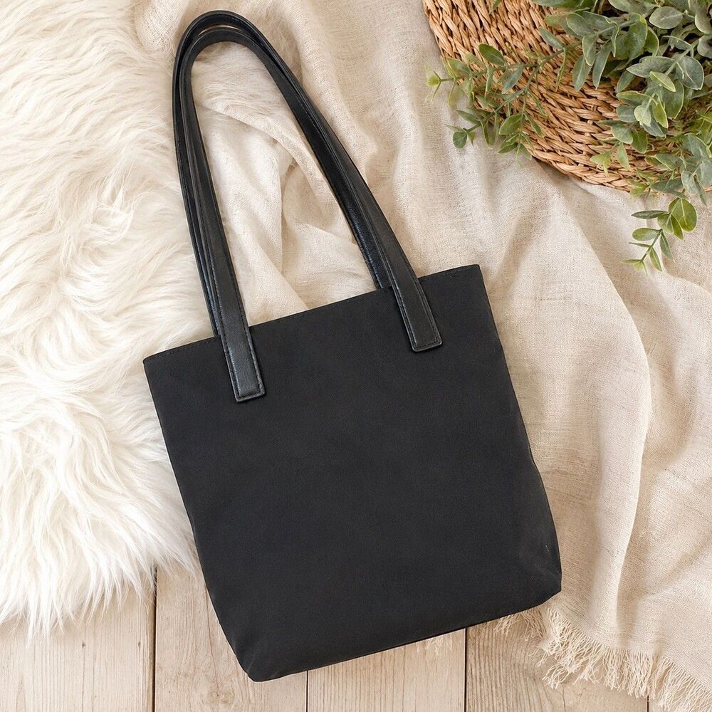 Vintage COACH Black Twill tote Leather Trimmed Shoulder Bag Purse mercer #7411